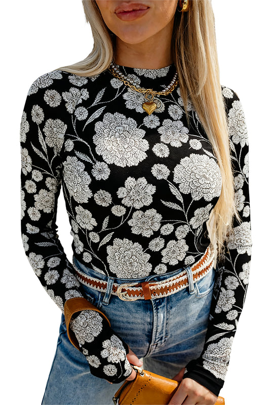 Haut en maille à imprimé floral noir à manches longues avec passe-pouces
